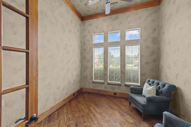 608 Guadalupe Rd, Keller, TX 76248 - living area with dark wood-type flooring, ornamental molding, a ceiling fan, and baseboards