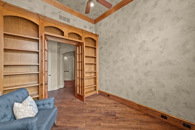 608 Guadalupe Rd, Keller, TX 76248 - unfurnished room with wood finished floors, ornamental molding, wallpapered walls, baseboards, and a ceiling fan