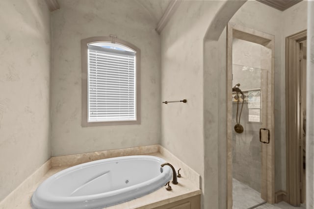 608 Guadalupe Rd, Keller, TX 76248 - full bath with a stall shower, a garden tub, and ornamental molding