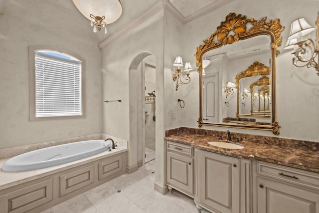 608 Guadalupe Rd, Keller, TX 76248 - bathroom featuring vanity, crown molding, a bath, and a shower