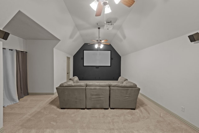 608 Guadalupe Rd, Keller, TX 76248 - cinema room with ceiling fan, carpet floors, vaulted ceiling, and baseboards