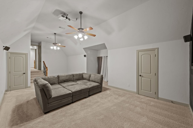 608 Guadalupe Rd, Keller, TX 76248 - living area featuring vaulted ceiling, light carpet, and a ceiling fan