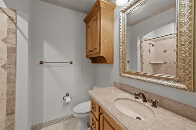 608 Guadalupe Rd, Keller, TX 76248 - full bathroom featuring ornamental molding, toilet, tiled shower, and vanity