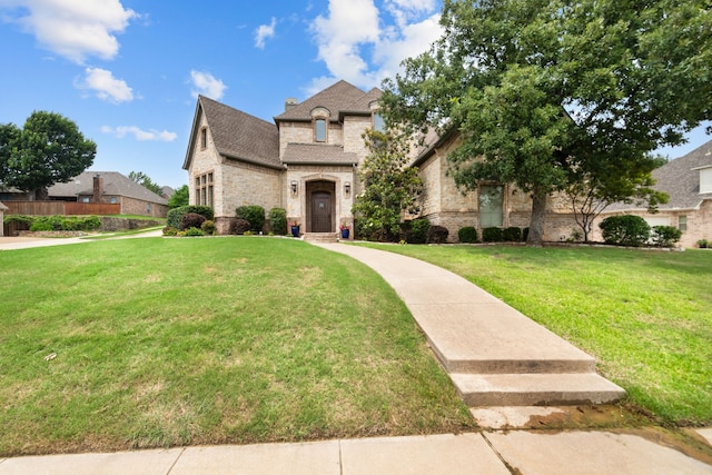 608 Guadalupe Rd, Keller, TX 76248 - french provincial home featuring a front lawn, brick siding, a chimney, and stone siding