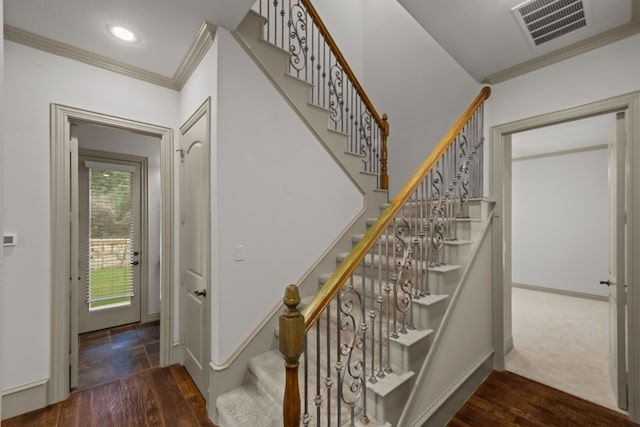 608 Guadalupe Rd, Keller, TX 76248 - staircase featuring crown molding, wood finished floors, baseboards, and recessed lighting