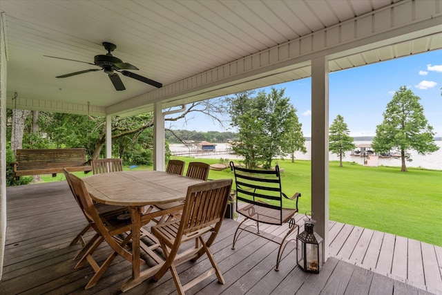 7016 Fm 3054, Malakoff, TX 75148 - wooden terrace with a water view, ceiling fan, a lawn, and outdoor dining area