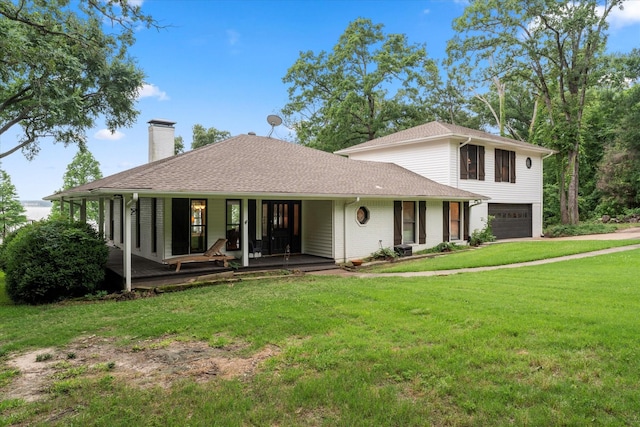 7016 Fm 3054, Malakoff, TX 75148 - view of front facade with an attached garage, a chimney, a front yard, roof with shingles, and covered porch
