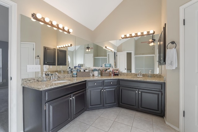 40 Pebble Beach St, Abilene, TX 79606 - full bathroom featuring a ceiling fan, tile patterned floors, double vanity, high vaulted ceiling, and a shower with door