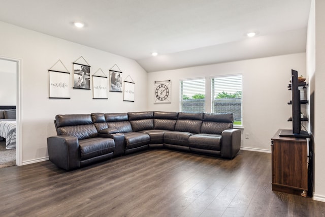 2118 Brisbon St, Fate, TX 75189 - living area with dark wood-type flooring, baseboards, vaulted ceiling, and recessed lighting