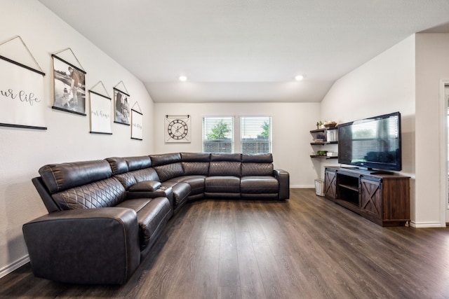 2118 Brisbon St, Fate, TX 75189 - living area featuring dark wood finished floors, baseboards, lofted ceiling, and recessed lighting