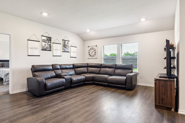 2118 Brisbon St, Fate, TX 75189 - living area featuring dark wood-style flooring, baseboards, recessed lighting, and vaulted ceiling
