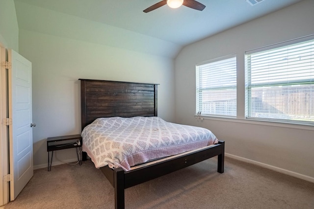 4714 Crestwood Dr, Haltom City, TX 76137 - bedroom featuring light colored carpet, baseboards, lofted ceiling, and ceiling fan