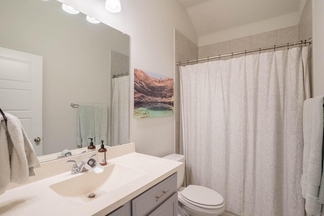 4714 Crestwood Dr, Haltom City, TX 76137 - bathroom featuring toilet, vanity, and lofted ceiling