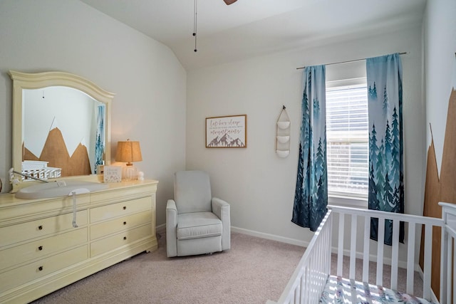 4714 Crestwood Dr, Haltom City, TX 76137 - bedroom featuring a nursery area, light colored carpet, a sink, lofted ceiling, and baseboards