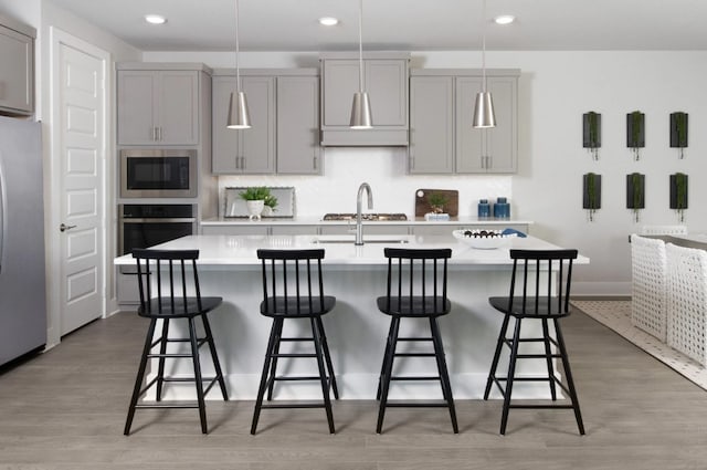1513 Roundup, Argyle, TX 76226 - kitchen with appliances with stainless steel finishes, gray cabinetry, light countertops, a kitchen island with sink, and light wood-type flooring