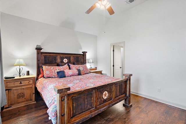 169 Savannah Dr, Brock, TX 76087 - bedroom with dark wood-style flooring, lofted ceiling, and ceiling fan