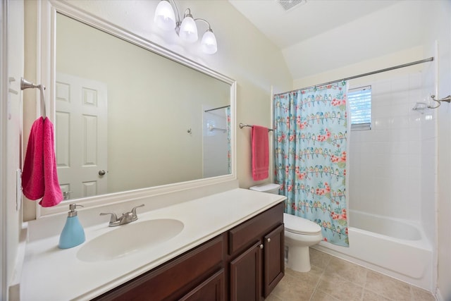 676 Woodland Way, Rockwall, TX 75087 - full bathroom with toilet, vanity, tile patterned flooring, shower / tub combo with curtain, and vaulted ceiling