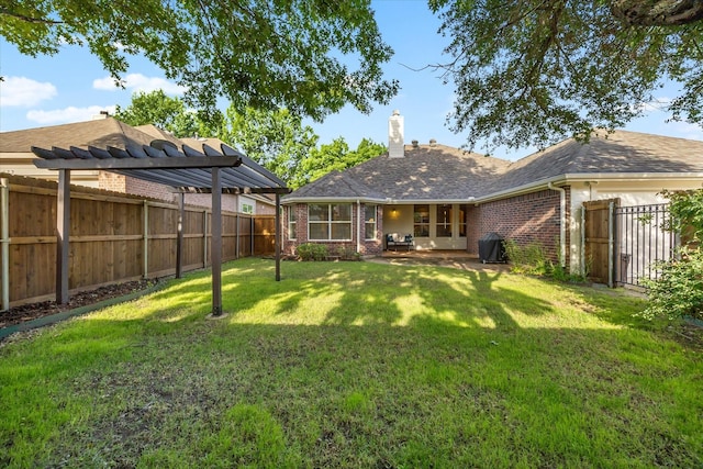 676 Woodland Way, Rockwall, TX 75087 - rear view of property featuring brick siding, a chimney, roof with shingles, and a pergola