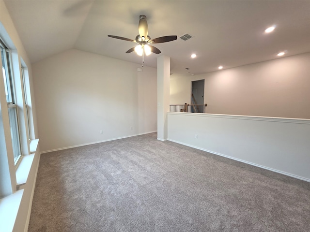 7749 Gatevine Ave, Joshua, TX 76058 - carpeted empty room with recessed lighting, ceiling fan, vaulted ceiling, and baseboards