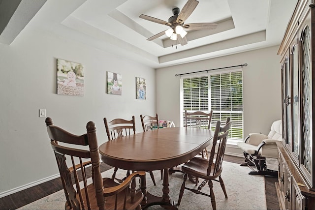 3966 Farm Road 196 N, Paris, TX 75462 - dining area with a tray ceiling, dark wood-style floors, a ceiling fan, and baseboards