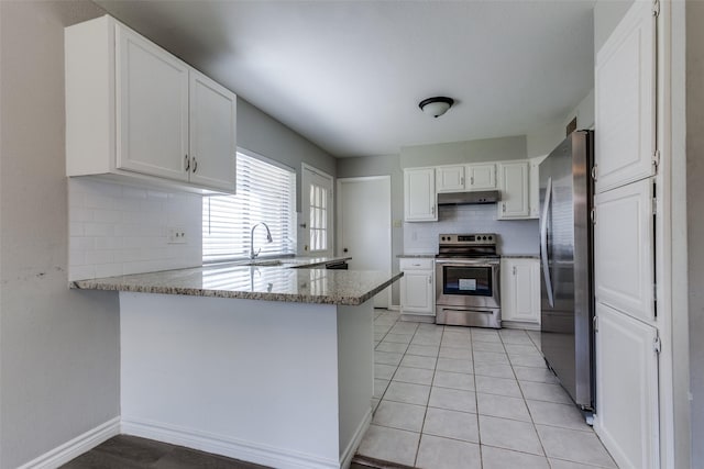 2513 Figtree Ln, Plano, TX 75074 - kitchen featuring appliances with stainless steel finishes, backsplash, a peninsula, a sink, and white cabinets