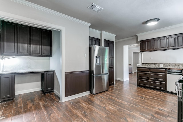 1017 Meadowbrook Dr, Grapevine, TX 76051 - kitchen featuring stainless steel fridge with ice dispenser, baseboards, dark wood finished floors, and crown molding