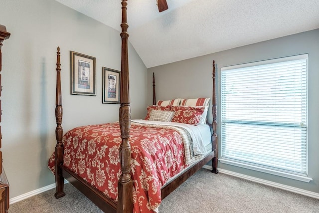 10613 Raleigh Dr, Frisco, TX 75035 - carpeted bedroom featuring ceiling fan, baseboards, a textured ceiling, and vaulted ceiling