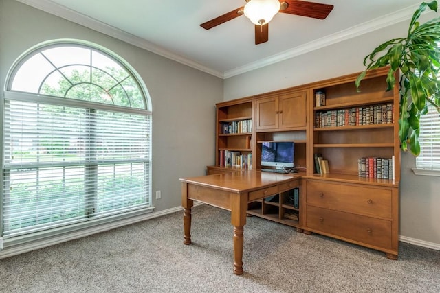 10613 Raleigh Dr, Frisco, TX 75035 - home office with ceiling fan, light carpet, ornamental molding, and baseboards