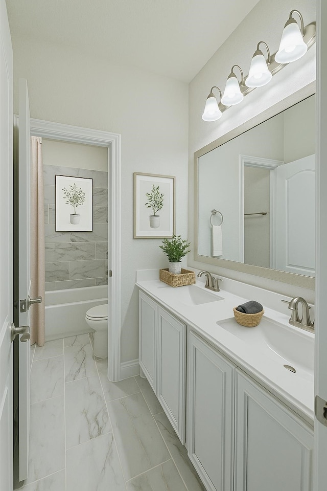 1008 Superbloom Ave, Justin, TX 76247 - bathroom with marble finish flooring, double vanity, toilet, baseboards, and shower / bath combination with curtain