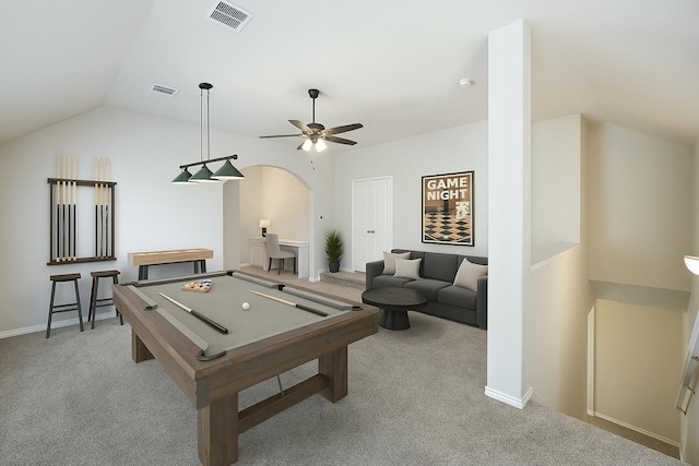 1008 Superbloom Ave, Justin, TX 76247 - recreation room featuring vaulted ceiling, light carpet, billiards table, a ceiling fan, and baseboards