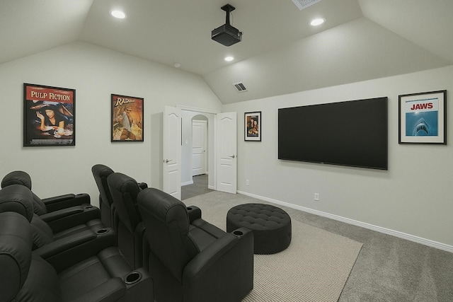 1008 Superbloom Ave, Justin, TX 76247 - carpeted home theater room with vaulted ceiling, baseboards, and recessed lighting