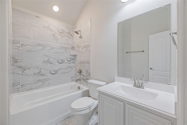 1008 Superbloom Ave, Justin, TX 76247 - bathroom featuring toilet, bathing tub / shower combination, vanity, and vaulted ceiling