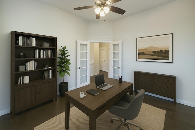 1008 Superbloom Ave, Justin, TX 76247 - office space with baseboards, dark wood-style flooring, ceiling fan, and french doors