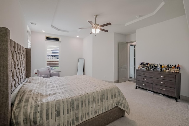 12959 Averi Ln, Farmers Branch, TX 75234 - bedroom featuring light carpet, a raised ceiling, baseboards, a ceiling fan, and recessed lighting