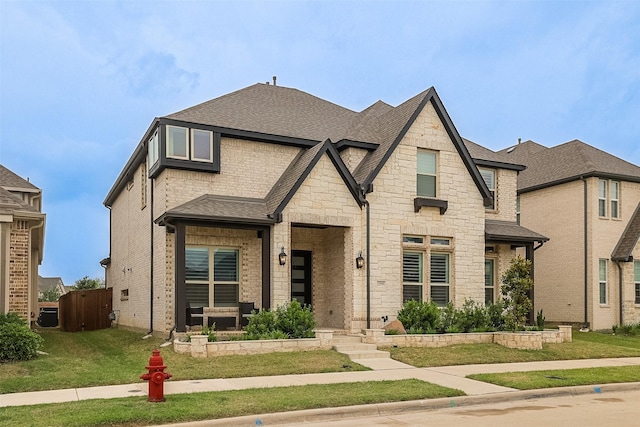 12959 Averi Ln, Farmers Branch, TX 75234 - view of front facade featuring stone siding, roof with shingles, a front yard, and brick siding
