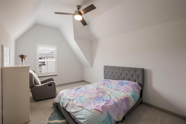 12959 Averi Ln, Farmers Branch, TX 75234 - bedroom with light colored carpet, lofted ceiling, ceiling fan, and baseboards