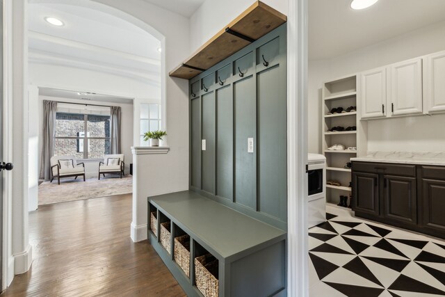 5221 Sylvan Shores Dr, Frisco, TX 75036 - mudroom with arched walkways, wood finished floors, and recessed lighting
