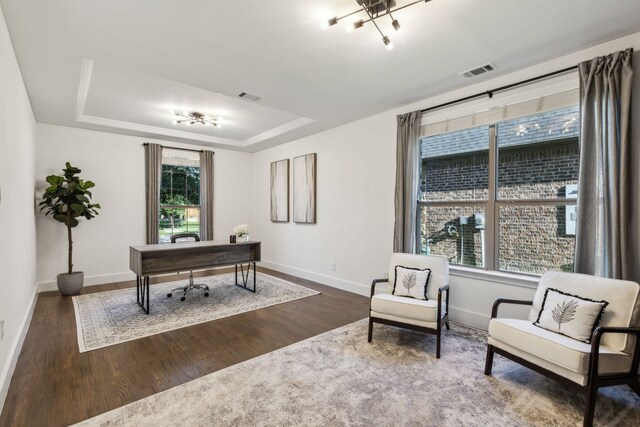 5221 Sylvan Shores Dr, Frisco, TX 75036 - home office with wood finished floors, a tray ceiling, and baseboards