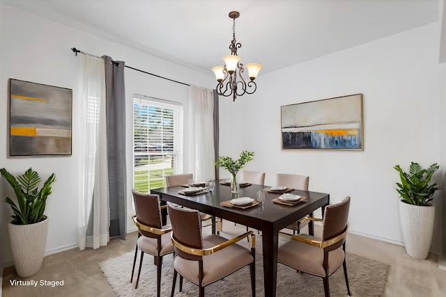 5919 Wisdom Creek Dr, Dallas, TX 75249 - dining area with a chandelier, light carpet, and baseboards
