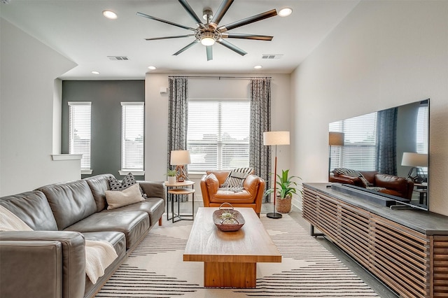 2818 Addison Park Ln, Fort Worth, TX 76110 - living room featuring a ceiling fan, healthy amount of natural light, and recessed lighting