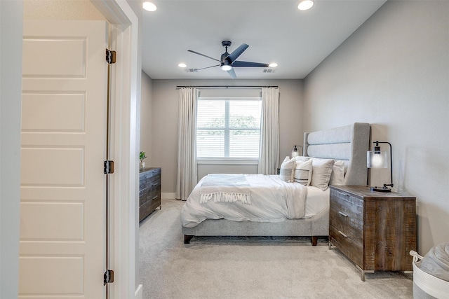 2818 Addison Park Ln, Fort Worth, TX 76110 - bedroom with light colored carpet, recessed lighting, and a ceiling fan