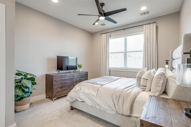 2818 Addison Park Ln, Fort Worth, TX 76110 - bedroom featuring light carpet, baseboards, recessed lighting, and ceiling fan