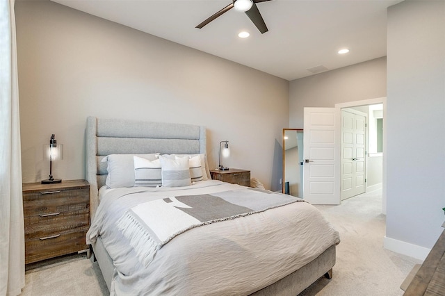 2818 Addison Park Ln, Fort Worth, TX 76110 - bedroom with light colored carpet, recessed lighting, baseboards, and ceiling fan