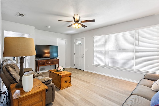 3532 Haltom Rd, Haltom City, TX 76117 - living area featuring ceiling fan, light wood-style flooring, and baseboards