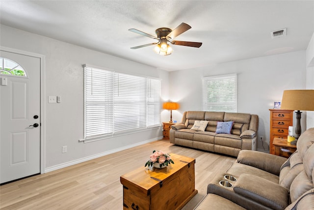 3532 Haltom Rd, Haltom City, TX 76117 - living area featuring light wood-style floors, a ceiling fan, and baseboards