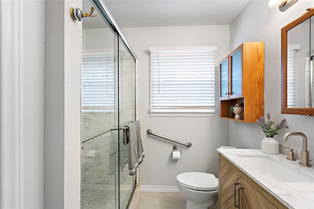 3532 Haltom Rd, Haltom City, TX 76117 - bathroom featuring a shower stall, vanity, toilet, baseboards, and tile patterned floors