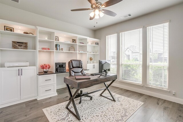 458 Mesquite Grove Rd, Midlothian, TX 76065 - office with a ceiling fan, light wood-style flooring, and baseboards
