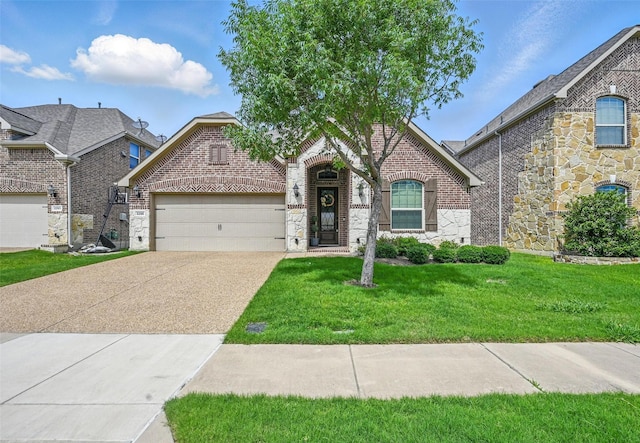 2295 Prairie Wind Path, Lewisville, TX 75056 - french country home featuring brick siding, stone siding, an attached garage, concrete driveway, and a front yard