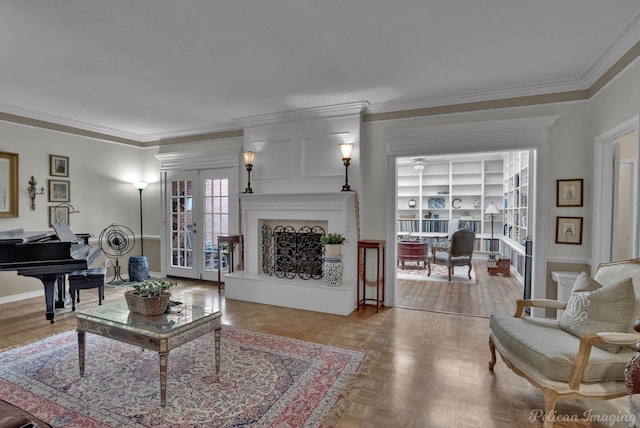 23 Tealwood, Shreveport, LA 71104 - living area featuring crown molding, a fireplace with raised hearth, and baseboards