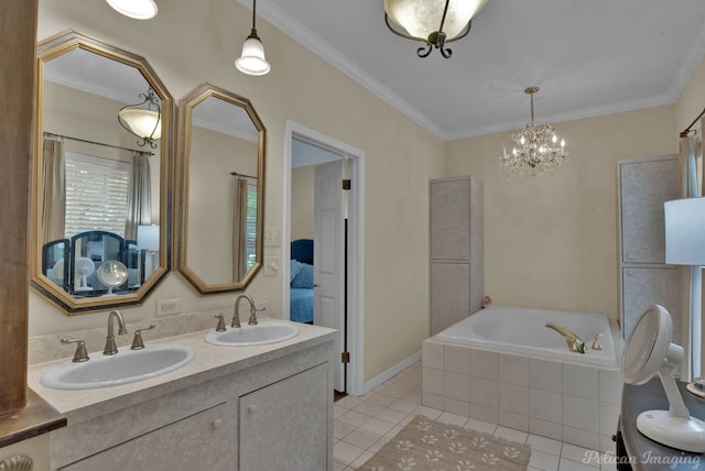 23 Tealwood, Shreveport, LA 71104 - bathroom with tile patterned flooring, a garden tub, crown molding, double vanity, and a chandelier